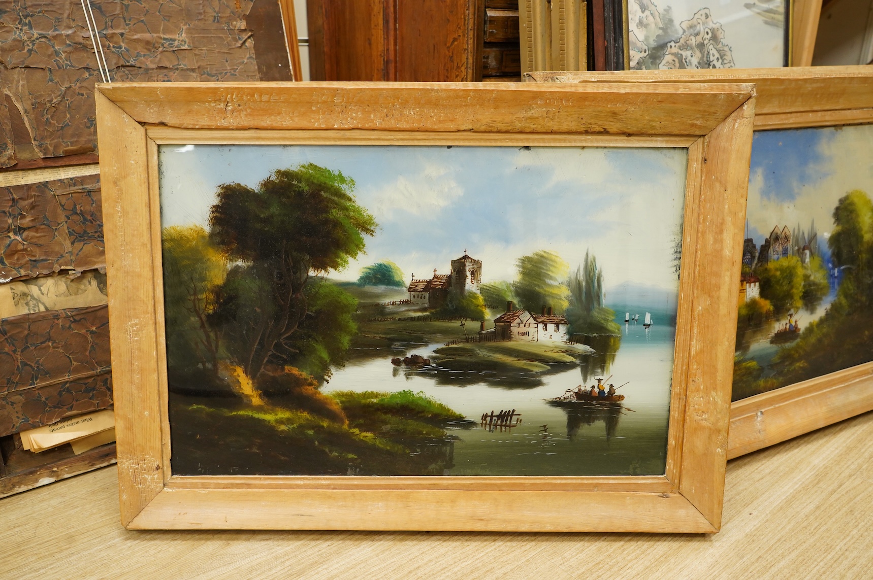 Victorian school, Riverscapes, set of four reverse glass painted panels, 39 x 59cm